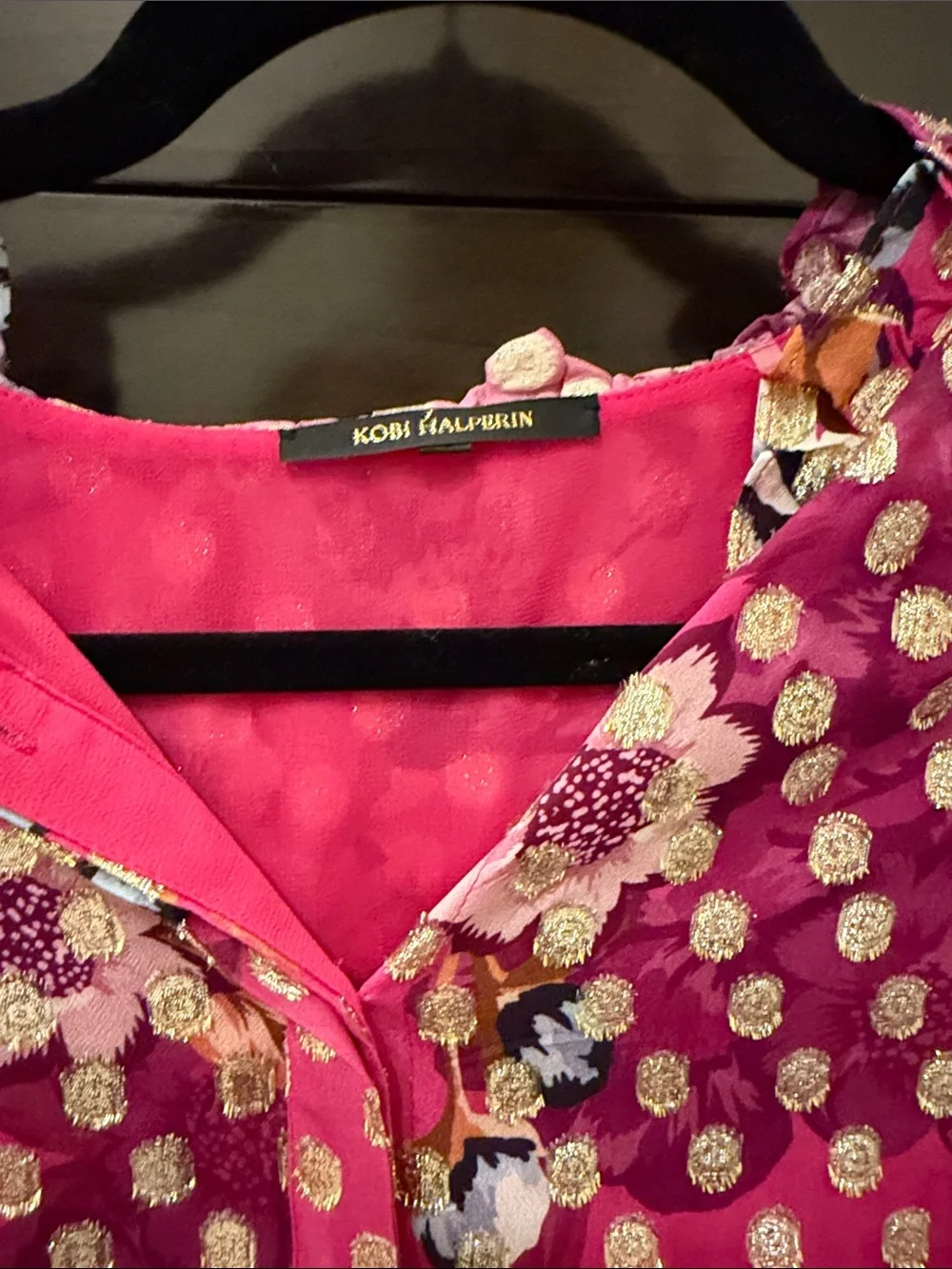 Kobi Halperin Fuchsia Floral & Gold Dot Button-Front Blouse - Picture 3 of 4